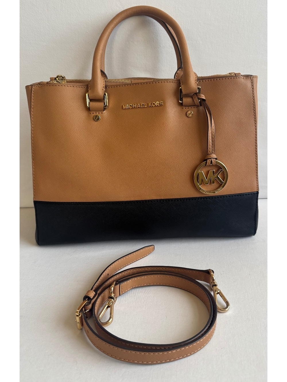 Michael Kors Tan & Black Saffiano Leather Satchel Gold Hardware Shoulder Strap